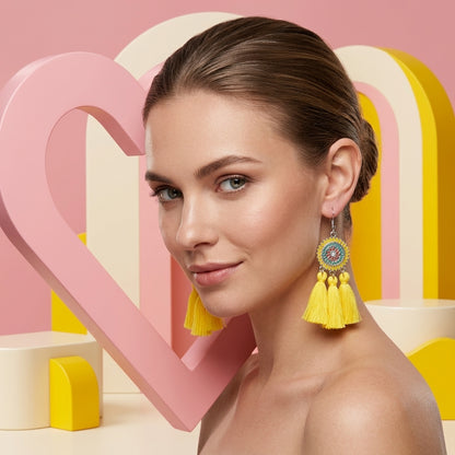 Zomerse Boho Oorhangers Kwastjes Geel 75mm