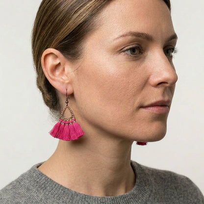 Boho Oorhangers Kwastjes Fel Roze 55x30mm