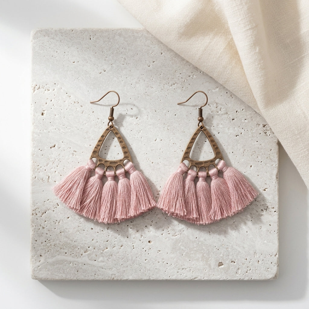 Boho Oorhangers Kwastjes Roze 55x30mm