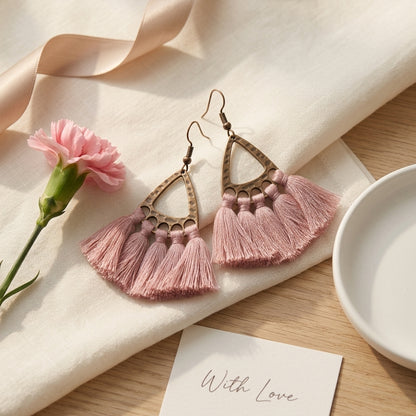 Boho Oorhangers Kwastjes Roze 55x30mm