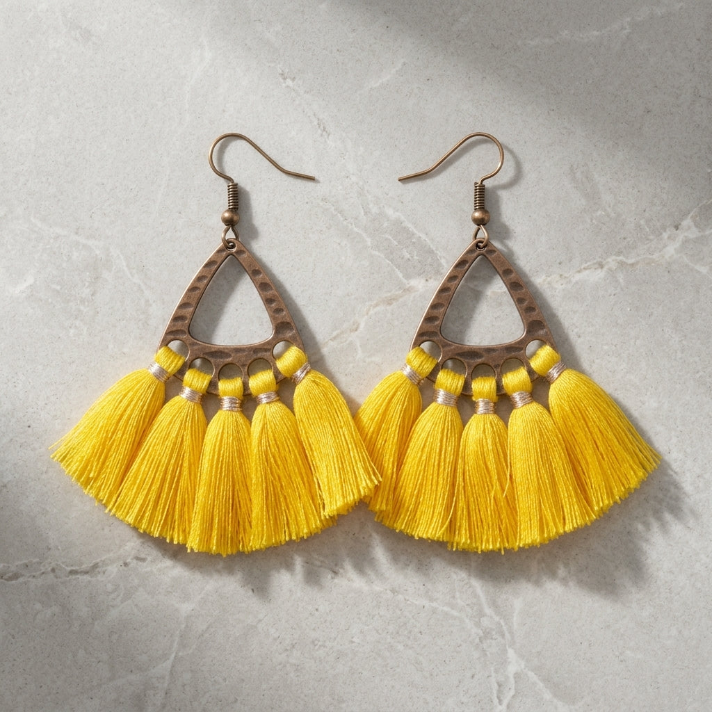 Boho Oorhangers met Kwastjes Geel 55x30mm