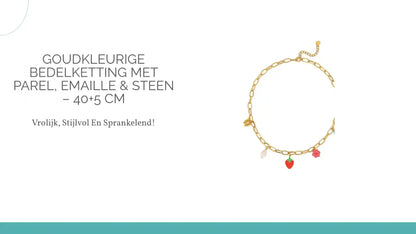 Goudkleurige bedelketting met parel, emaille &amp; steen &ndash; 40+5 cm by@Outfy