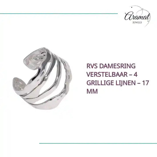 RVS Damesring Verstelbaar &ndash; 4 Grillige Lijnen &ndash; 17 mm by@Outfy