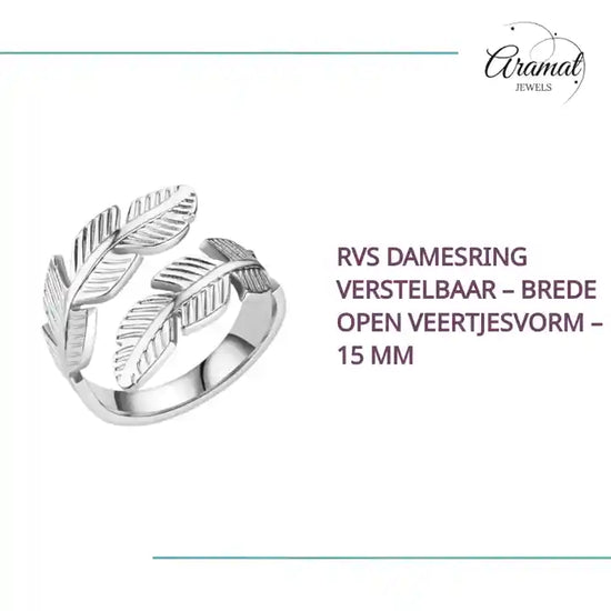 RVS Damesring Verstelbaar &ndash; Brede Open Veertjesvorm &ndash; 15 mm by@Outfy