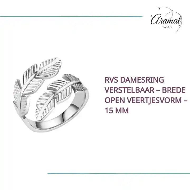 RVS Damesring Verstelbaar &ndash; Brede Open Veertjesvorm &ndash; 15 mm by@Outfy