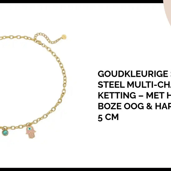 Goudkleurige stainless steel multi-charm ketting &ndash; met hamsa, boze oog &amp; hartje &ndash; 40 + 5 cm by@Outfy