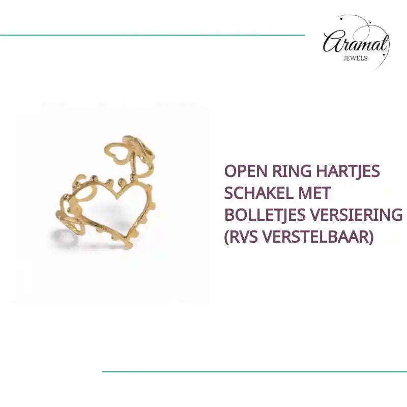 Open Ring Hartjes Schakel met Bolletjes Versiering (RVS Verstelbaar) by@Outfy
