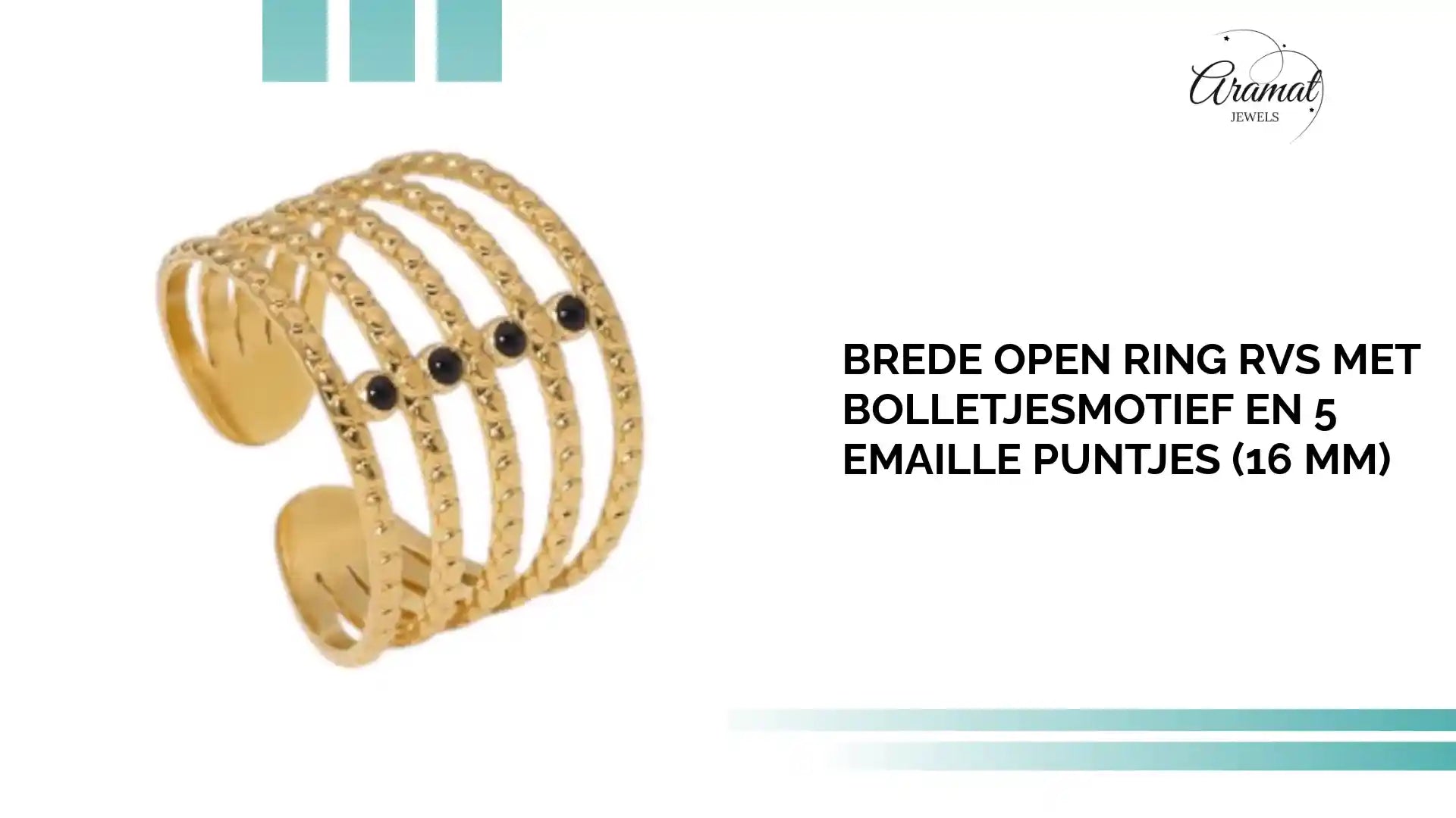 Brede Open Ring RVS met Bolletjesmotief en 5 Emaille Puntjes (16 mm) by@Outfy