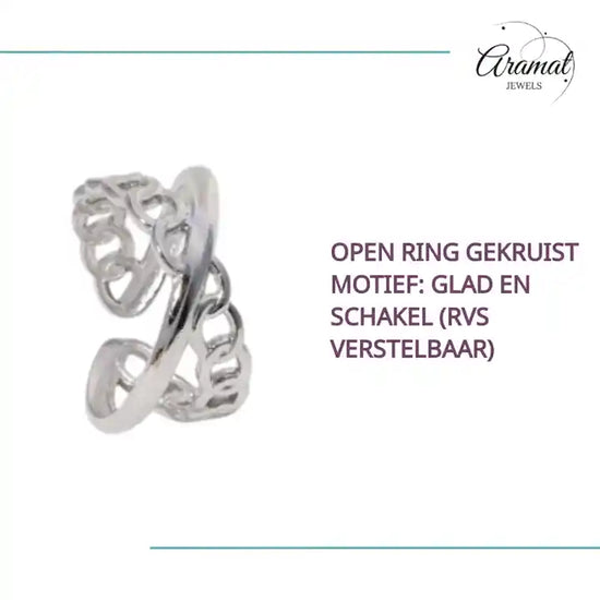 Open Ring Gekruist Motief: Glad en Schakel (RVS Verstelbaar) by@Outfy