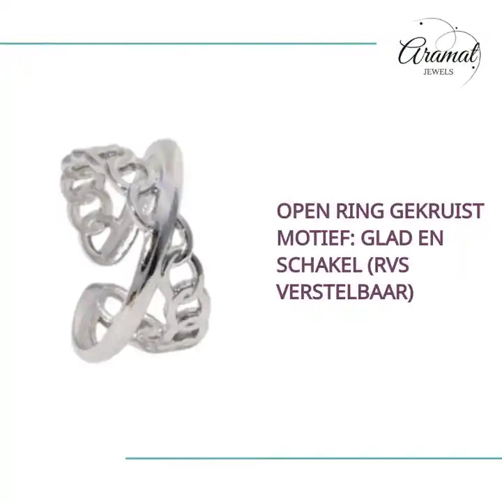Open Ring Gekruist Motief: Glad en Schakel (RVS Verstelbaar) by@Outfy