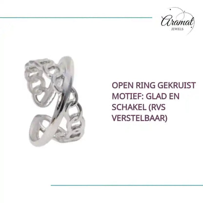 Open Ring Gekruist Motief: Glad en Schakel (RVS Verstelbaar) by@Outfy