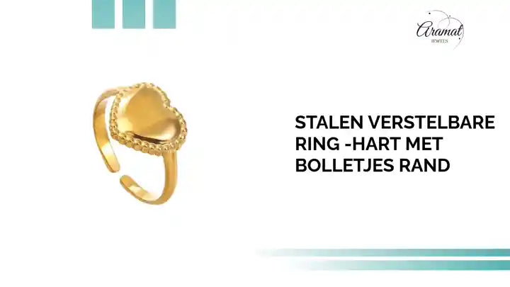 Stalen verstelbare ring -hart met bolletjes rand by@Outfy