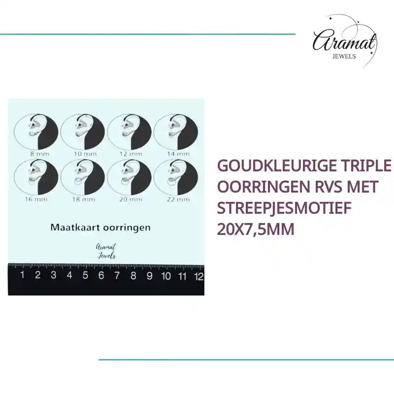 Goudkleurige Triple Oorringen RVS met Streepjesmotief 20x7,5mm by@Outfy