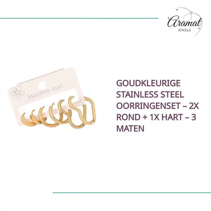 Goudkleurige stainless steel oorringenset &ndash; 2x rond + 1x hart &ndash; 3 maten by@Outfy