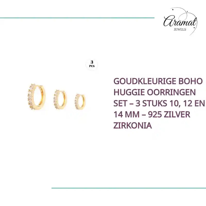 Goudkleurige Boho Huggie Oorringen Set &ndash; 3 Stuks 10, 12 en 14 mm &ndash; 925 Zilver Zirkonia by@Outfy