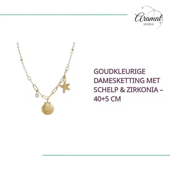 Goudkleurige damesketting met schelp &amp; zirkonia &ndash; 40+5 cm by@Outfy