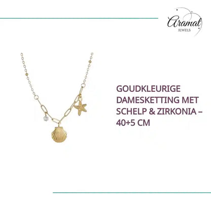 Goudkleurige damesketting met schelp &amp; zirkonia &ndash; 40+5 cm by@Outfy