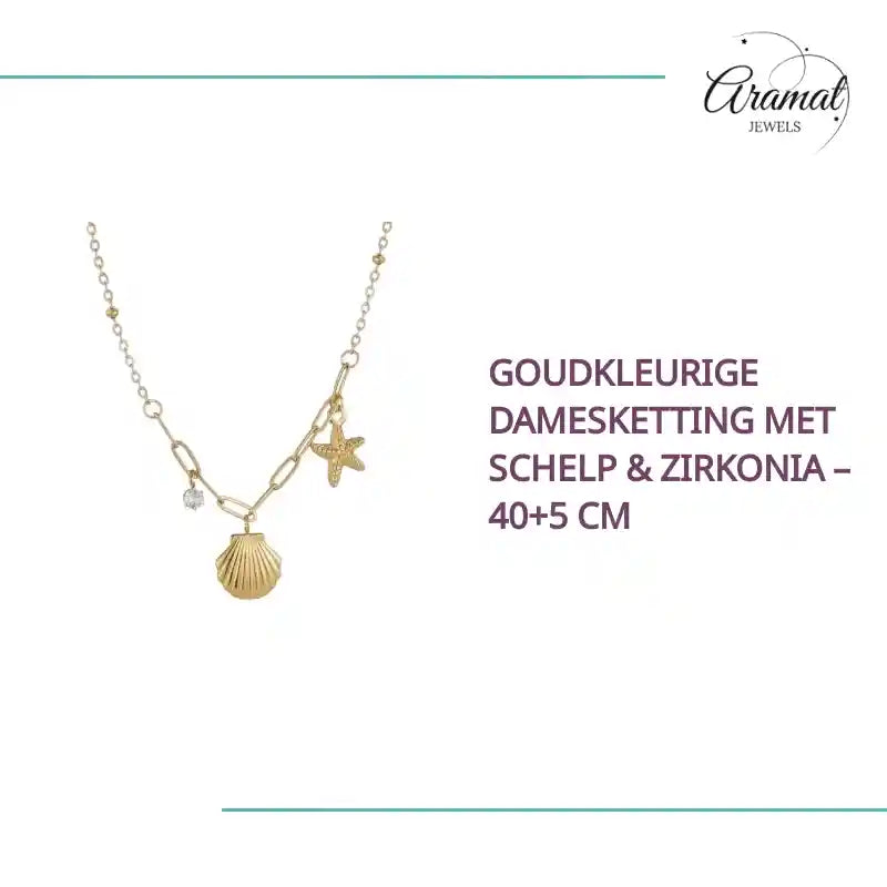 Goudkleurige damesketting met schelp & zirkonia &ndash; 40+5 cm by@Outfy