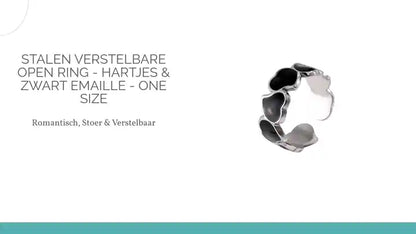 Stalen Verstelbare Open Ring - Hartjes &amp; Zwart Emaille - One Size by@Outfy