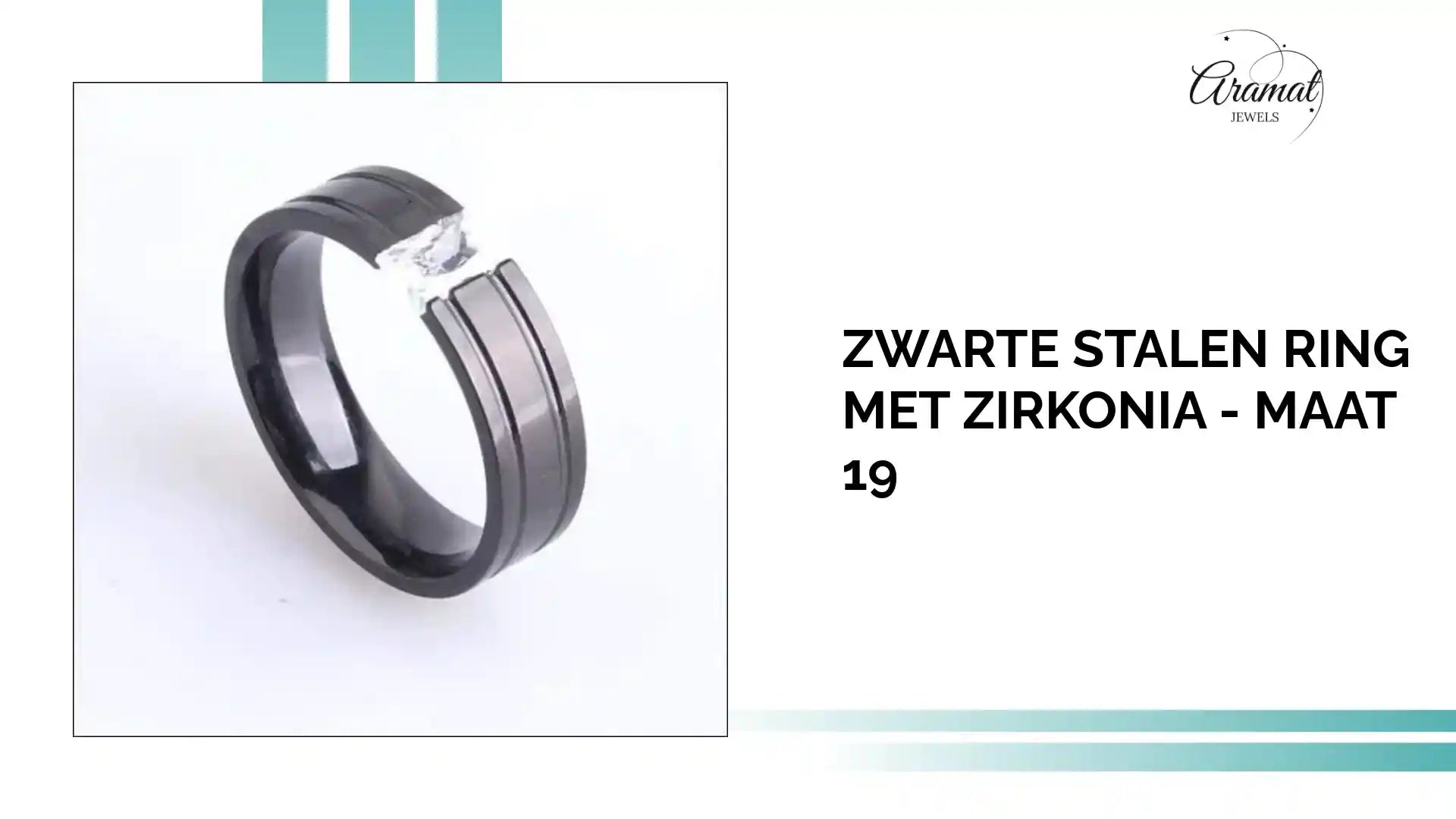Zwarte Stalen Ring met Zirkonia - Maat 19 by@Outfy