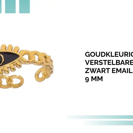 Goudkleurige Verstelbare RVS Ring met Zwart Emaille Boze Oog - 9 mm by@Outfy