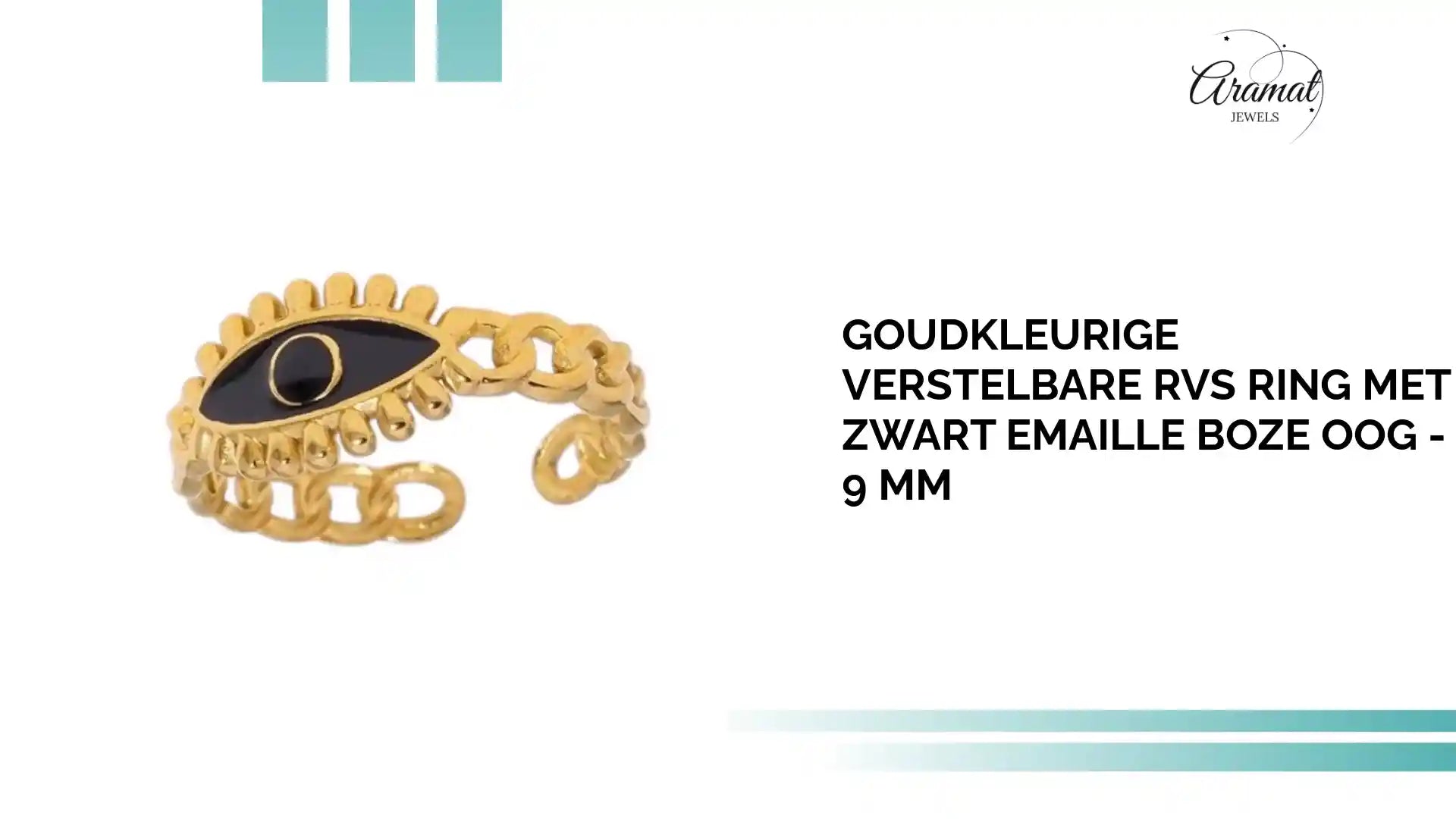 Goudkleurige Verstelbare RVS Ring met Zwart Emaille Boze Oog - 9 mm by@Outfy