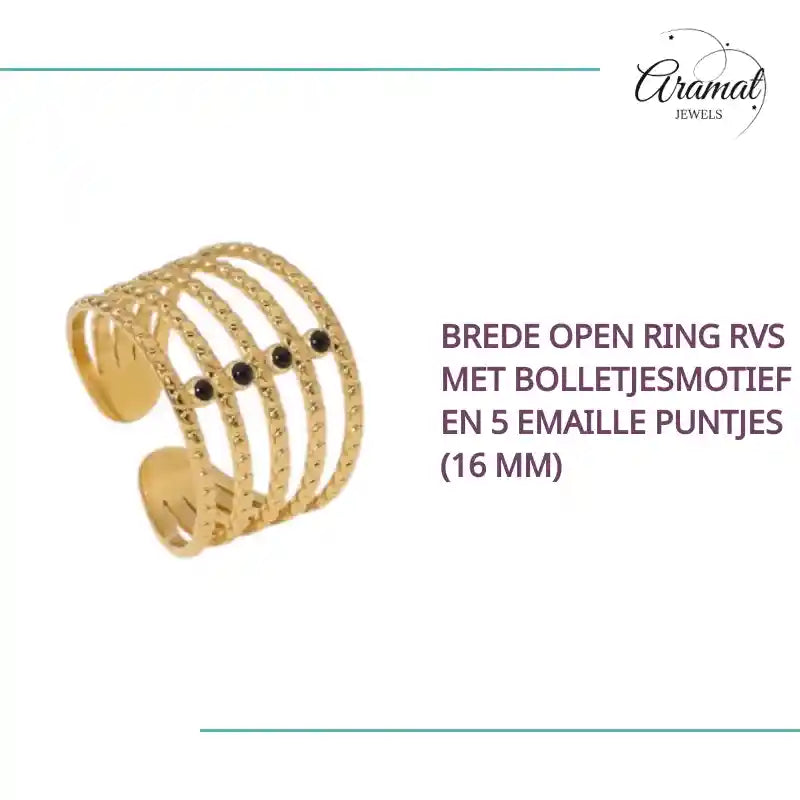 Brede Open Ring RVS met Bolletjesmotief en 5 Emaille Puntjes (16 mm) by@Outfy