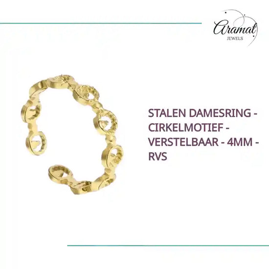 Stalen Damesring - Cirkelmotief - Verstelbaar - 4mm - RVS by@Outfy