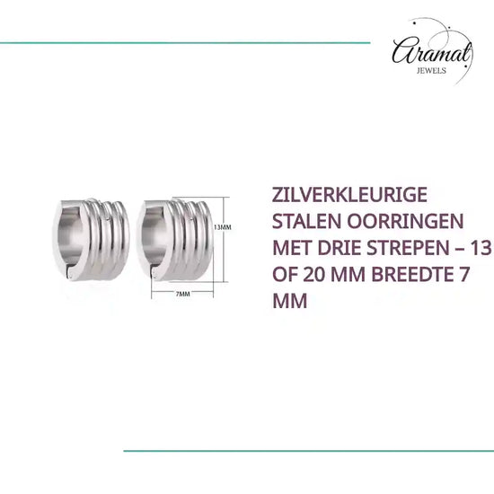 Zilverkleurige Stalen Oorringen met Drie Strepen &ndash; 13 of 20 mm Breedte 7 mm by@Outfy