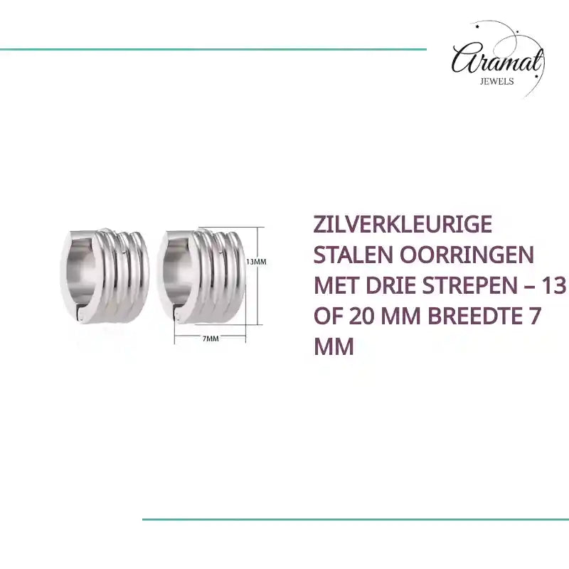 Zilverkleurige Stalen Oorringen met Drie Strepen &ndash; 13 of 20 mm Breedte 7 mm by@Outfy