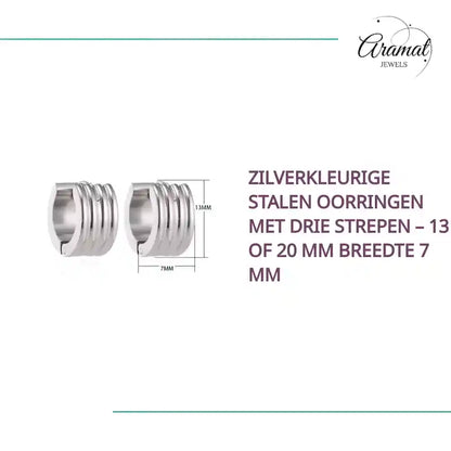 Zilverkleurige Stalen Oorringen met Drie Strepen &ndash; 13 of 20 mm Breedte 7 mm by@Outfy