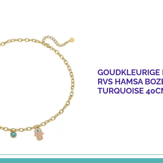 Goudkleurige Bedelketting RVS Hamsa Boze Oog Hart Turquoise 40cm by@Outfy