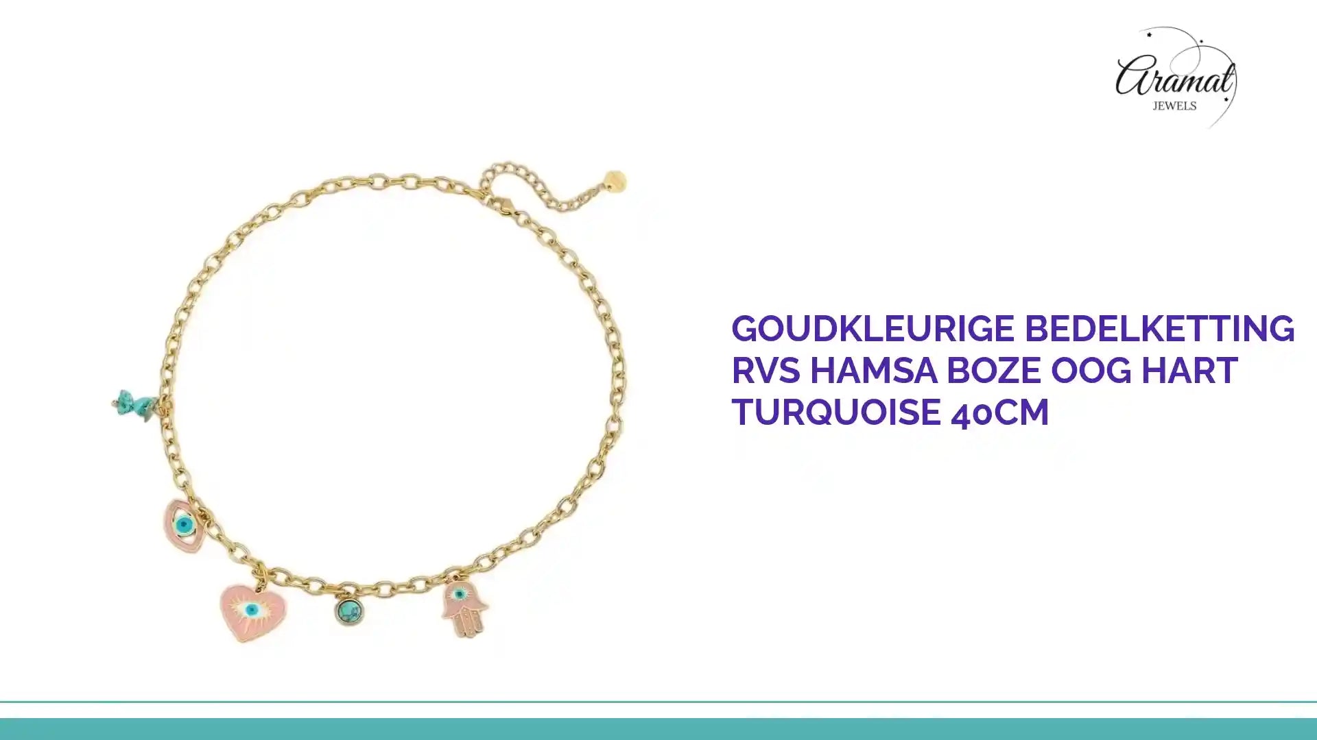 Goudkleurige Bedelketting RVS Hamsa Boze Oog Hart Turquoise 40cm by@Outfy
