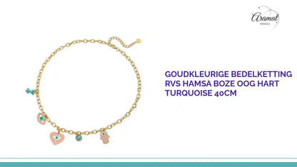 Goudkleurige Bedelketting RVS Hamsa Boze Oog Hart Turquoise 40cm by@Outfy
