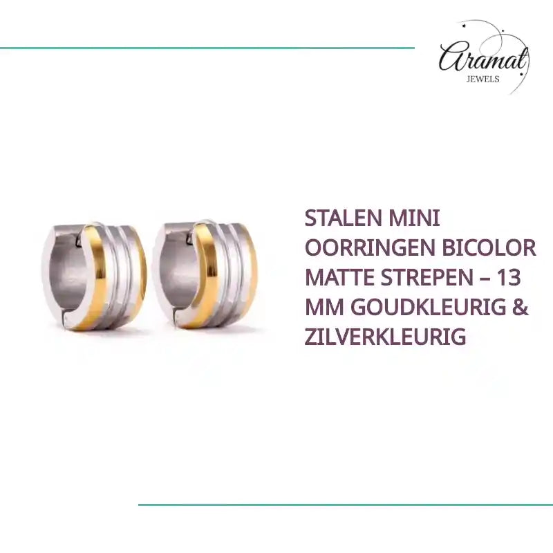 Stalen Mini Oorringen Bicolor Matte Strepen &ndash; 13 mm Goudkleurig & Zilverkleurig by@Outfy
