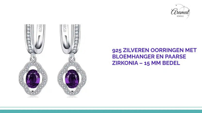 925 Zilveren Oorringen met Bloemhanger en Paarse Zirkonia &ndash; 15 mm Bedel by@Outfy