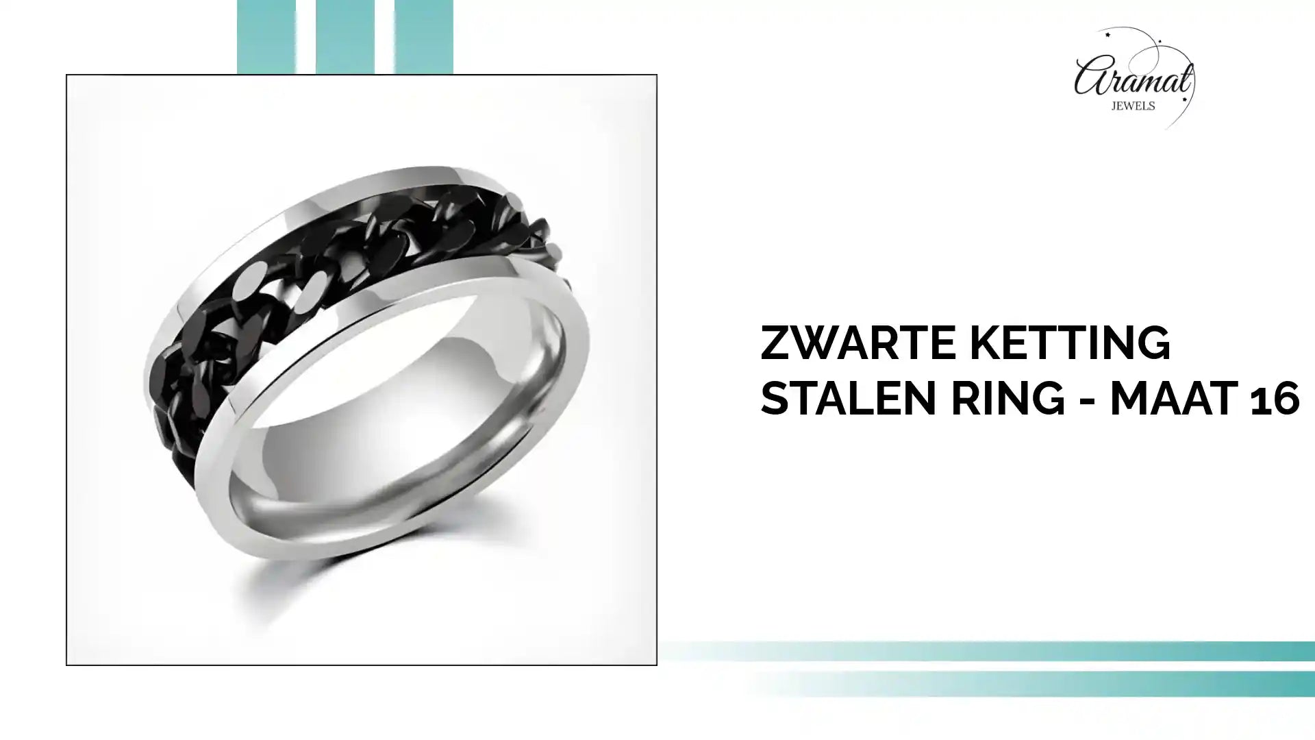 Zwarte Ketting Stalen Ring - Maat 16 by@Outfy