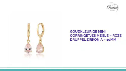 Goudkleurige Mini Oorringetjes Meisje &ndash; Roze Druppel Zirkonia &ndash; 10mm by@Outfy