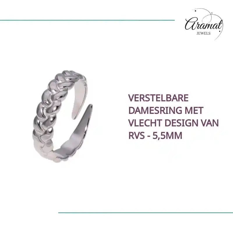 Verstelbare Damesring met Vlecht Design van RVS - 5,5mm by@Outfy