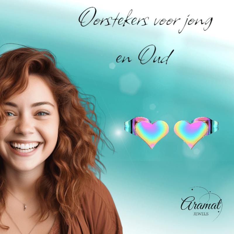 Regenboog hartjes oorstekers – 9x8mm vrolijk RVS - Aramat Jewels - Oorbellen - cadeautip