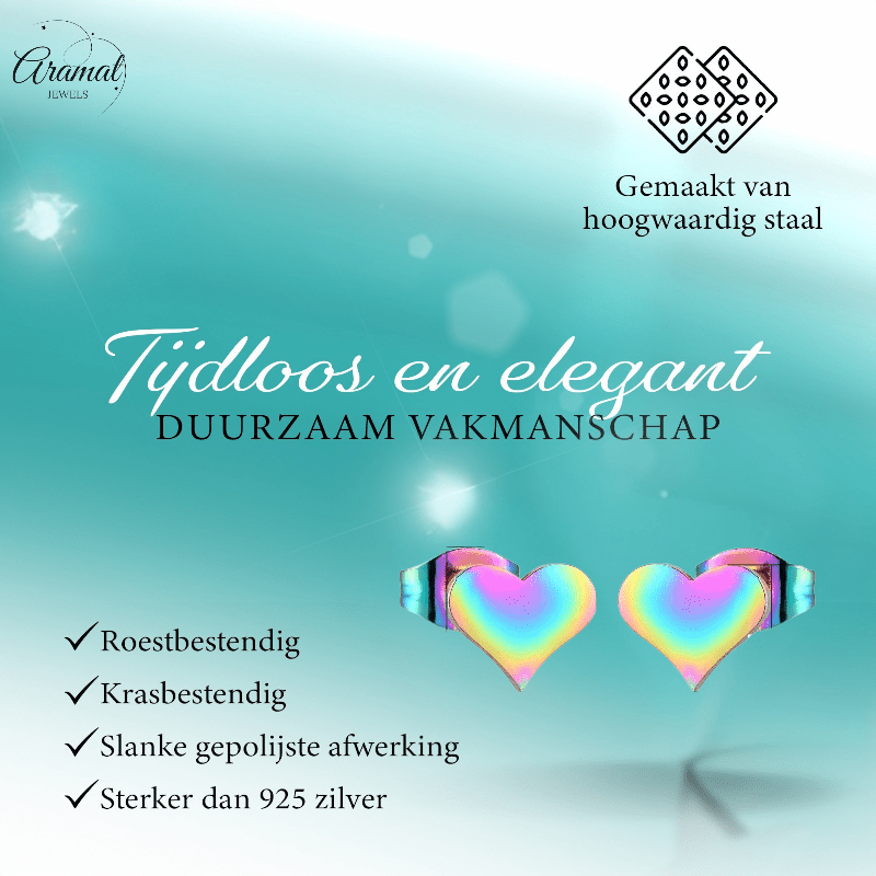 Regenboog hartjes oorstekers – 9x8mm vrolijk RVS - Aramat Jewels - Oorbellen - cadeautip