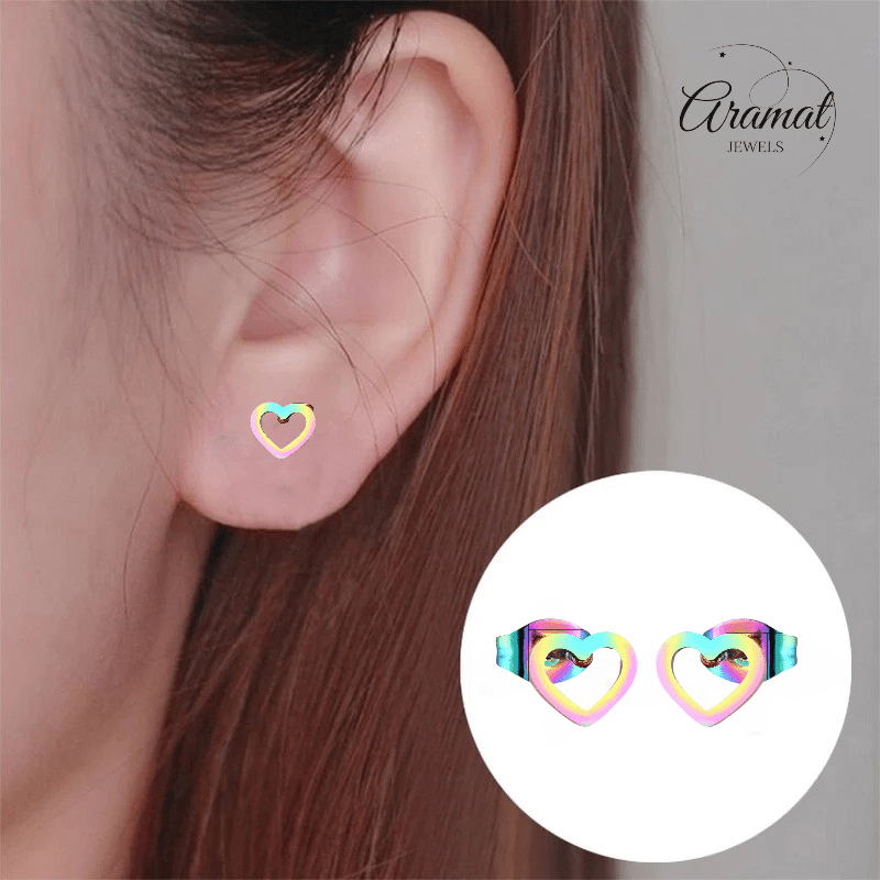 Regenboog hartjes oorstekers RVS – 8x7mm uniek - Aramat Jewels - Oorbellen - cadeautip
