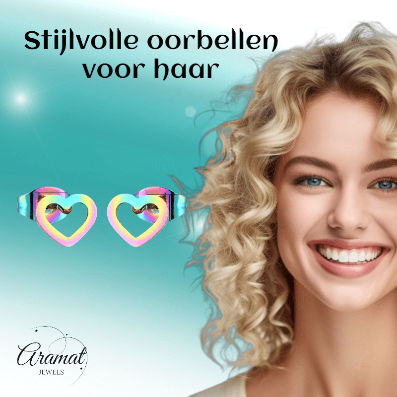 Regenboog hartjes oorstekers RVS – 8x7mm uniek - Aramat Jewels - Oorbellen - cadeautip