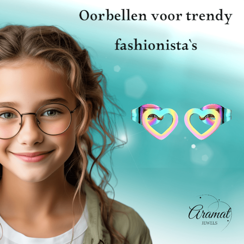 Regenboog hartjes oorstekers RVS – 8x7mm uniek - Aramat Jewels - Oorbellen - cadeautip