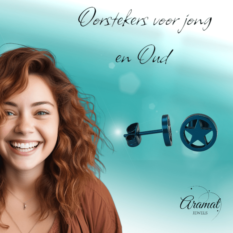 Ronde oorstekers met ster blauw RVS – 8mm - Aramat Jewels - Oorbellen - cadeautip