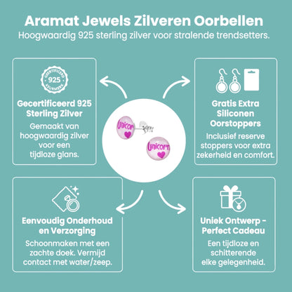 Ronde Zilveren Oorbellen - Unicorn Tekst & Roze Acryl - Aramat Jewels - Oorbellen - cadeautip