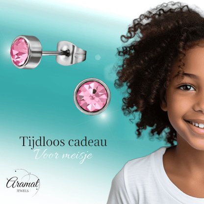 Roze kristal oorstekers – 5mm zilver RVS - Aramat Jewels - Oorbellen - cadeautip