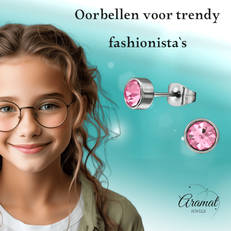 Roze kristal oorstekers – 5mm zilver RVS - Aramat Jewels - Oorbellen - cadeautip