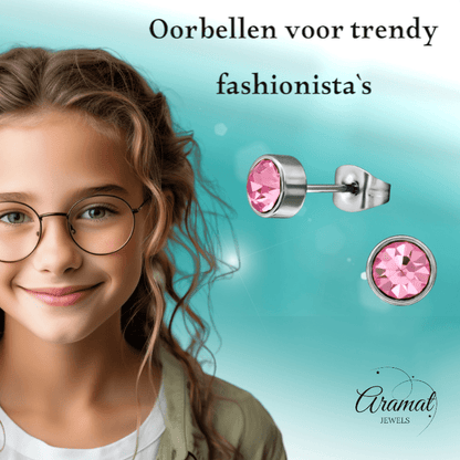 Roze kristal oorstekers – 5mm zilver RVS - Aramat Jewels - Oorbellen - cadeautip