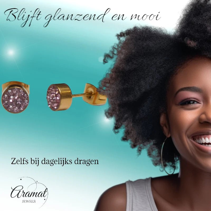 Roze kristallen oorstekers 6 mm – goudkleurig - oor3104 - Oorbellen kopen# - 6mm - alles - cadeau